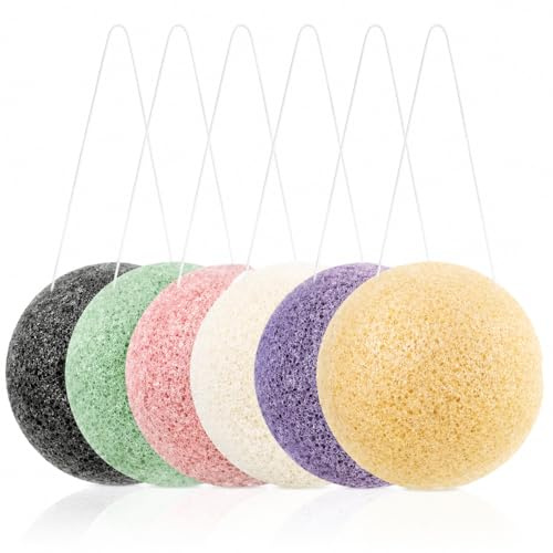 Set di 6 spugne naturali Konjac per il viso, 6 colori Konjac, esfolianti per viso e esfoliazione, carbone, curcuma, verde francese, bianco rosa e viola, confezione da 6