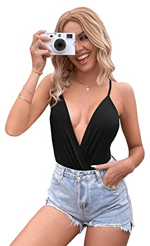 SweatyRocks Women's Deep V Neck Backless Cami Top Ruched Wrap Bodysuit Jumpsuit Black L