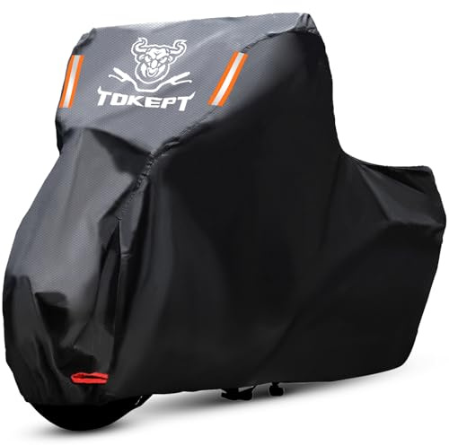 Tokept Motorcycle Cover, All Season Waterproof Outdoor Protection with Lock-Holes & Night Reflective, Fits up to 86 Harley Davidson Honda Suzuki Kawasaki Yamaha (Black)
