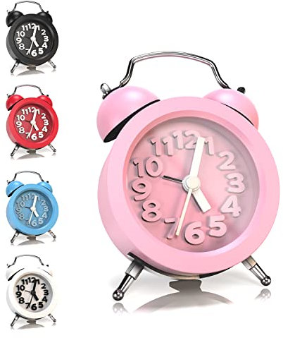 N NEWTOP Mini Orologio Sveglia Rotonda Portatile Stile Classica Numeri Colorata Beep Allarme Tasto ON OFF Movimento Quarzo da Tavolo Comodino Analogica Batteria Inclusa LR44 per Bambini Adulti (Rosa)
