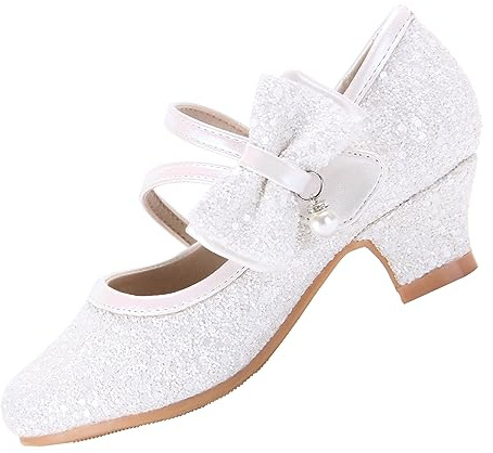 EIGHT KM Filles Talons Hauts Robe Chaussures Mary Jane Princesse Mariage Fête Pompe EKM7035 Étincelle Scintillante Cristal Perle Nœud Ivoire Taille EU 32