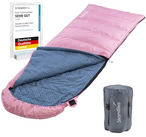 Skandika Dundee Sac de Couchage en Flanelle | Sac de Couchage en Coton pour Adulte, couplable, 3 Saisons, jusqu'à -20 °C, 220 x 80 cm, pour l'hiver, Le Camping, la randonnée (Rose/Zip à Droite)
