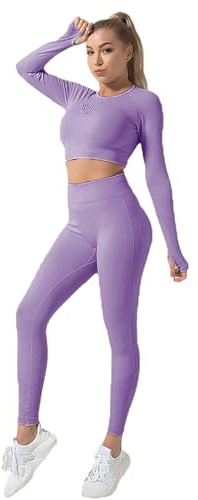 Jamron Mujer Invierno Grueso 2 Piezas Conjunto de Ropa de Yoga Crop Top + Leggings Trajes de Gimnasia Morado SN079110 S