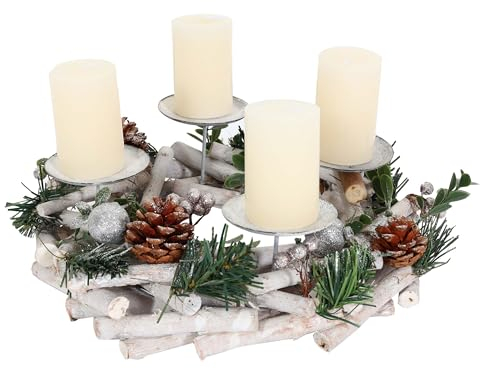 Adventskranz HWC-M12, Adventsgesteck Tischkranz Weihnachtsdeko Tischdeko Holz Silber weiß Ø 30cm - mit Kerzen