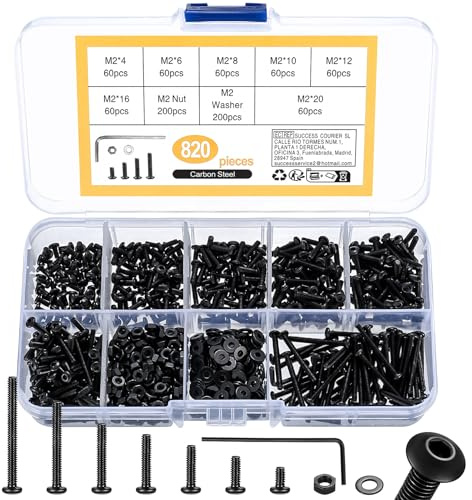Nuts and Bolts Assortment - 820 Pcs M2 Button Head Hex Socket Cap Screws, Washers Set, Black Pan Head Internal Hex Machine Screws and Nuts