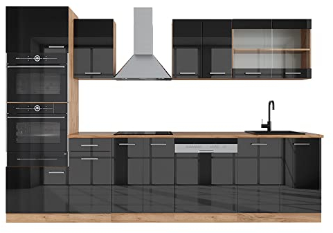 Vicco Küchenzeile R-Line, Anthrazit Hochglanz/Goldkraft Eiche, 300 cm mit Hochschrank, AP Eiche