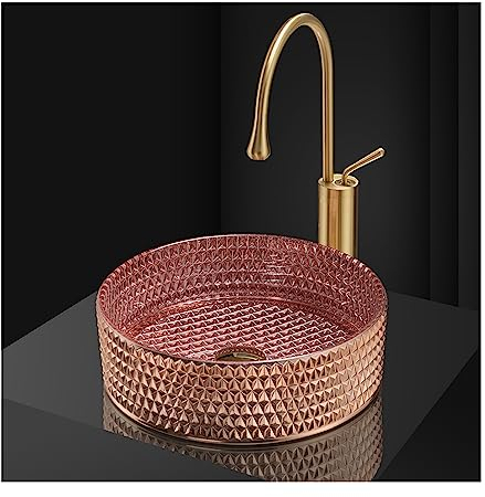 NOALED Badezimmer-Waschbecken, Rosa, 35,6 cm, künstlerisches Glas-Waschbecken, runde Waschbeckenkombination über der Theke, A