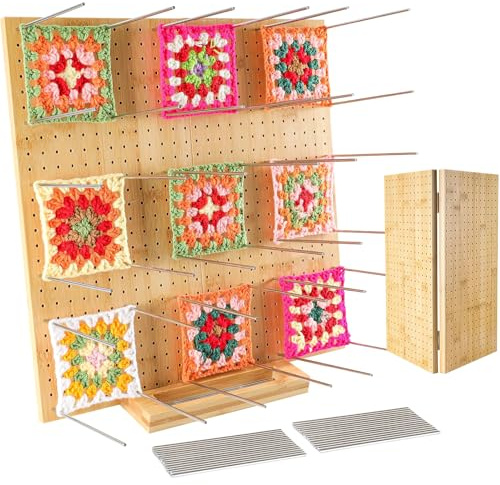 QCXWCJWD Crochet Blocking Board, 15inch Large Granny Square Blocking Board with 15 Pins and Crochet Hooks, Crochet Blocking Board and Pins for Knitting Crochet Projects, Wooden Blocking Board