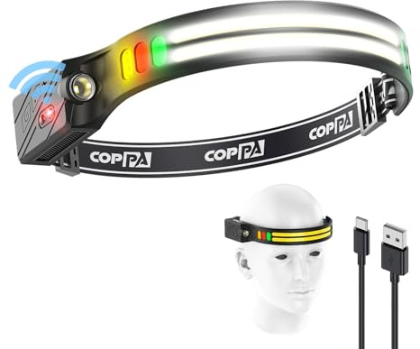 COPPA Linterna Frontal Recargable, H4C Linterna Cabeza LED 1 Pack Luz Blanca & Amarilla & Roja & Verde Con Sensor de Movimiento Headlamp Super Brillante Para Correr Camping Excursión Pesca Casco