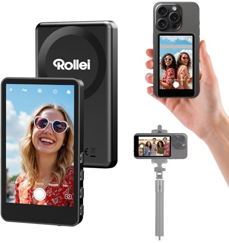 Rollei Easy Creator Selfie Monitor 3,97 Smartphone Rückkamera Magnetisch Vlog Bildschirm für iPhone und Android für TikTok Live Streaming Schwarz Smartphone-Vlog-Selfie-Monitor-Bildschirm