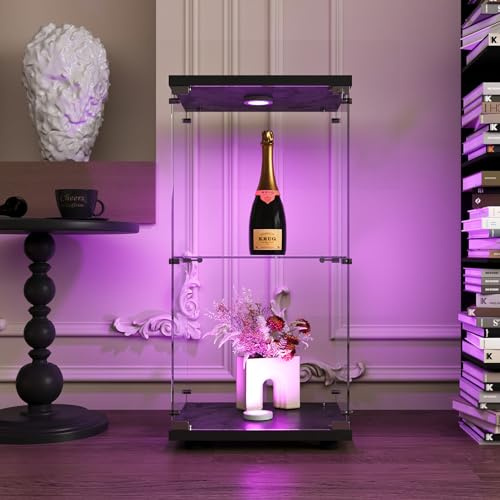 BRILVERDE Vitrine Trempé avec Éclairage LED, Porte et Fond Miroir - Vitrine en Verre pour Collection, Vin, Figurines, Livres (LED 2 Étagères Noir, 125 x 42 x 36 cm)