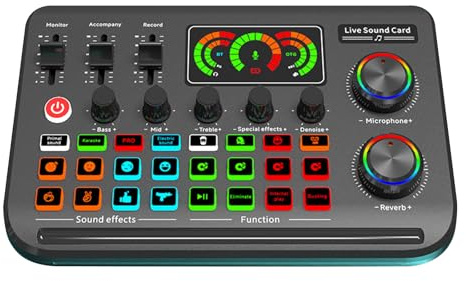 F999 - Mezclador de sonido auditivo con tarjeta de sonido en vivo para entrevistas de canto y podcast en teléfonos y computadoras, efectos personalizables