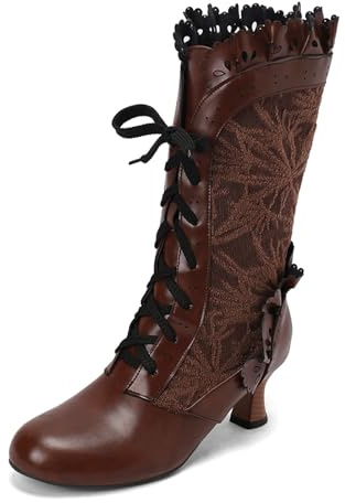 Botines para mujer, ancho H, tacón medio, botas de entretiempo, botines de encaje, botines de mujer, botas de tobillo retro, invierno y otoño, marrón, 39 EU