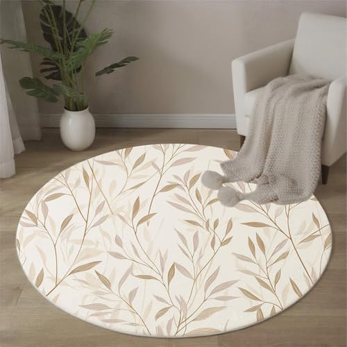Tappeto Soggiorno Rotondo, 80 Cm, Per Camera Da Letto Tappeto Pelo Corto, Motivo A Foglia Salice Lavabile Tappeti Rotondo Bianco, Per Soggiorno, Sala Da Pranzo Semplice Stampa Botanica