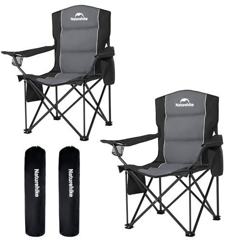 Naturehike 2 Pack ComfortMax Camping Chairs with Padded Seat, Cup Holder and Side Pocket, Portable Folding Chairs Supports 120kg/265lbs(Bkack)