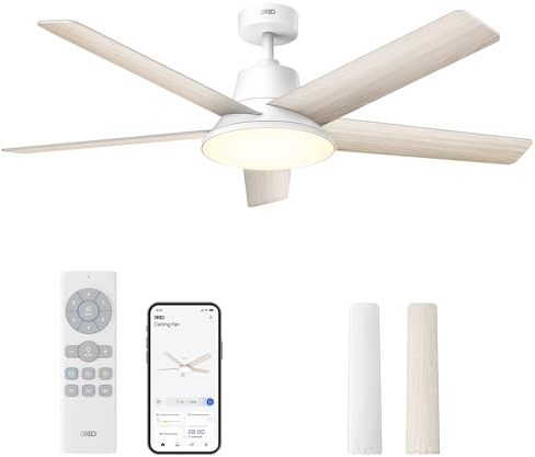 Dreo ventilador techo inteligente de 132 cm con luz LED regulable, 12 velocidades（APP）, 3 modos, temporizador de 12h, motor DC silencioso, control por control remoto/APP/Alexa, blanco para interiores