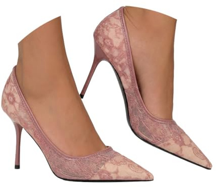 Minetom Escarpins Femme En Dentelle À Bout Pointu Et Talon Aiguille Élégants Et Confortables Pour Mariage Soirée Ou Sortie Habillée A Rose 40 EU