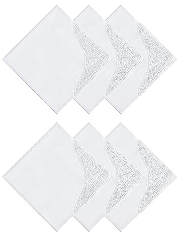 HOULIFE Stofftaschentücher Damen - Taschentuch Hochzeit, Stoff Taschentücher aus Gekämmte Baumwolle Weich Weiße Blumen Stickereien mit Spitzen, 3/6 Stücke, 43x43cm (6, Weiß 1)