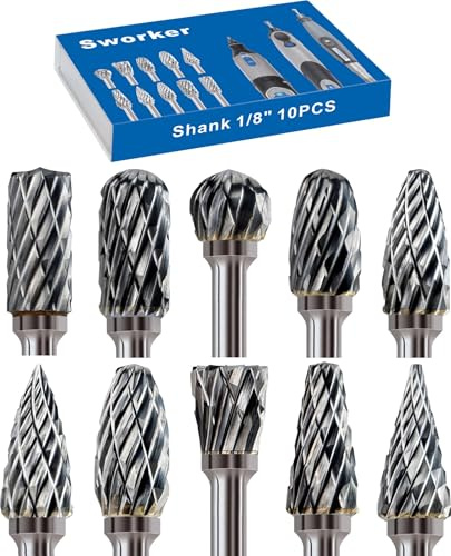 Sworker 10 Pcs Carbide Burr Set 1/8 Shank Compatible with Dremel Milwaukee Bits Rotary Tools Attachment Kit Rasp Drill File Accessories Metal Wood Stone Steel Grinding Carving Cutting Polishing