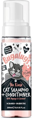 Bugalugs No Rinse Cat Shampoo & Conditioner with Papaya & Coconut. Brush through, for cats and kittens. Foam action grooming dry shampoo kitten (No Rinse Shampoo)