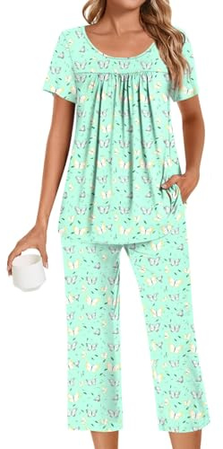 POPYOUNG Plus Size Womens Pajama Sets Summer Ladies Pjs 2 Piece Loungewear Capri with Pockets Sleepwear 2XL, Colorful Green Butterfly