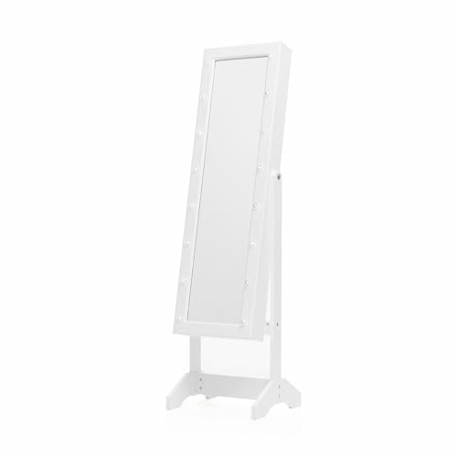 InnovaGoods - Armoire à Bijoux sur Pied avec Miroir, LED 16 Lumières, Design Élégant en Bois, Multifonction avec Grande Capacité, 4 Niveaux d'Inclinaison, Blanc, Standard, Plastique
