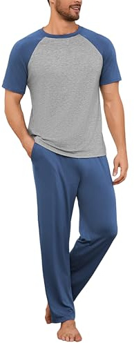 Bresdk Pigiama Uomo Cotone 2 Pezzi con Pantaloni Lunghi e Tasche | Completo da riposo leggero con maglia a manica corta e vestibilità morbida, pratico per mezze stagioni, sonno e relax