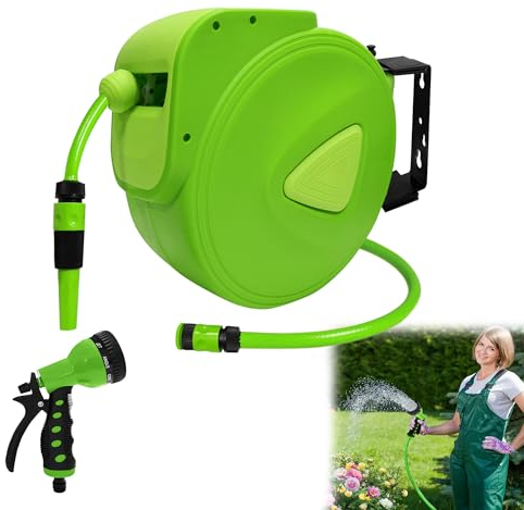 YRHome 20m Schlauchtrommel Gartenschlauch Trommel Wand Schlauchbox Wandschlauchhalter Wasserschlauch trommel Schlauchaufroller mit Aufroll-Automatik, 9 Funktions Sprühdüse,180° Schwenkbarer
