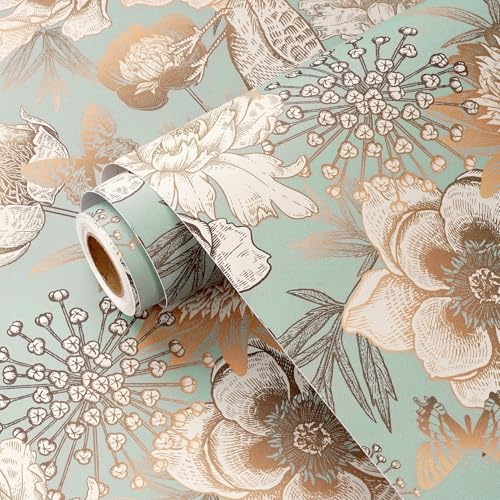 Yullpaper Green and Gold Wallpaper for Living Room Self Adhesive Vintage Floral Wallpaper Green Vinyl Wrap for Furniture Flower Bird Wall Paper for Hallway Patterned Sticky Back Plastic 44.5 x 1000cm