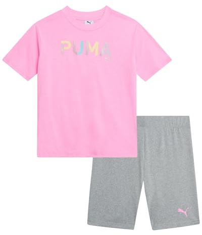 PUMA Biker-Short-Set für Mädchen, 2-teilig, kurzärmelig, Rundhalsausschnitt, Grafik-T-Shirt und Fahrrad-Shorts für Mädchen (Größen 7–14), Pink Delight, 7