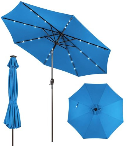 KOMFOTTEU Sonnenschirm 300 cm mit LED, Gartenschirm knickbar, Terrassenschirm mit Kurbel & 8 Rippen & Sonnenschutz, Marktschirm Ampelschirm für Garten, Balkon (Blau)