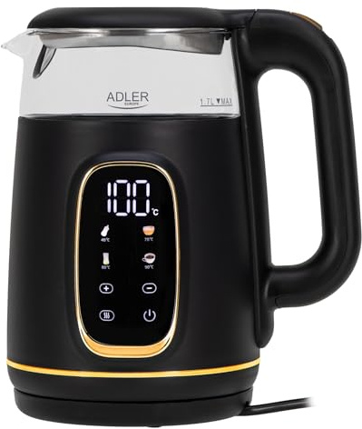 Adler Wasserkocher mit Temperatureinstellung 2200W – Wasser Kocher 1,7L mit LED-Display und Touchpanel – 5 Temperaturprogramme – mit Warmhaltefunktion - Wasserkocher mit Filter