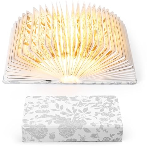 ZBOLE Lampada decorativa a forma di libro con fiori, 3 modalità di illuminazione, ricaricabile tramite USB-C, portatile, regalo per gli amanti dei libri, decorazione per librerie (bianco argento)