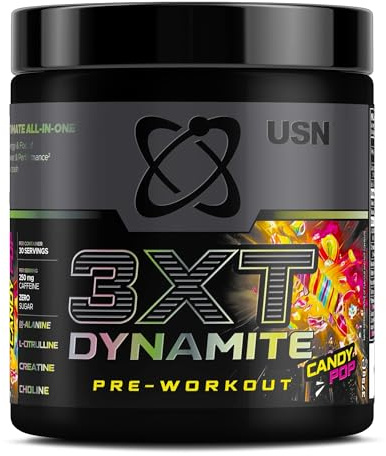 USN 3XT Dynamite Pre Workout Powder (30 Servings – 375g). Pre- Workout Energy Drink with Natural Caffeine (250mg), Citrulline, Creatine, Beta Alanine, Choline, Taurine and Zero Sugar – Candy Pop