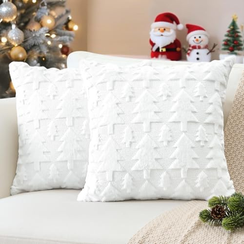 JOTOM Christmas Cushion Covers 45x45cm Set of 2 Christmas Tree Winter Holiday Decorative Throw Pillow Covers Soft Plush Faux Fur Pillow Case for Home Bed Couch Sofa Decor (White)
