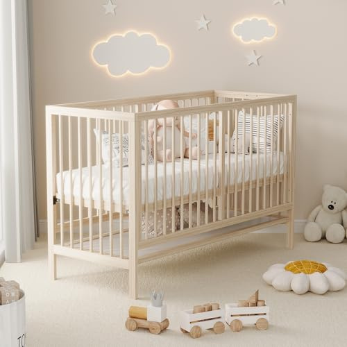 FAYICIC Holz Babybett, multifunktionales Babybett, umwandelbar in Nebenbett/Malerbrettständer/Schreibtisch, höhenverstellbar, ohne Matratze, aus Fichte, naturfarben, 140x60x90cm (C)