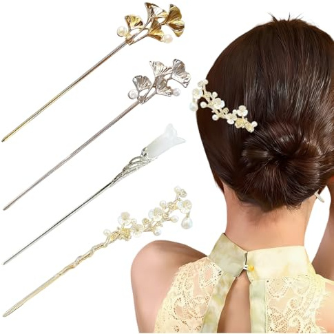 4 Pièces Baguette Cheveux Femme, Vintage Pic a Cheveux Chinoise Et Épingles à Cheveux Fleur, Décoration En Perles Convient Aux Femmes Aux Filles Aux Cheveux Longs