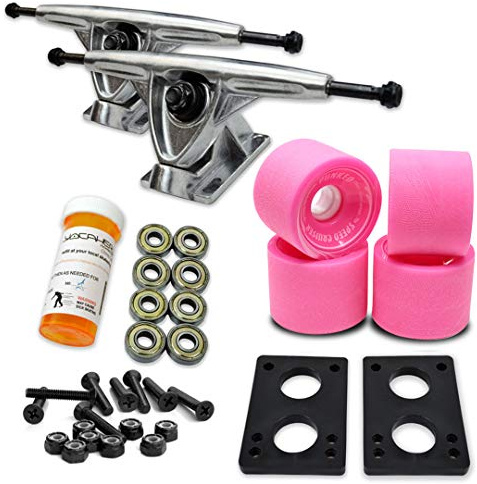 Yocaher Longboard Skateboard Trucks Combo Set 71mm Wheels + 7/180mm Heavy Duty Aluminum Polished Trucks, Bearing, Riser Pad, and Longboard Hardware Package (Solid Pink Wheel & Polished Trucks)