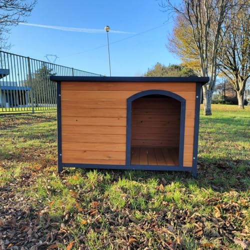 Animal Valley - Niche à Chien Natura avec Toit Plat - Bois et Goudron - L 116 x l 82 x H 79 cm - Taille XL - Beige et Vert - pour Chiens de Taille Moyenne