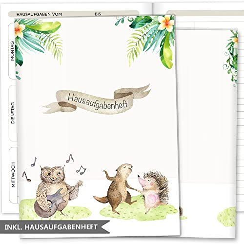 OLGS Hausaufgabenheft Hülle Tierfreunde inkl. Heft Schulheft Schutzhülle Umschlag Geschenkidee Einschulung Grundschule (ohne Personalisierung, Musik)