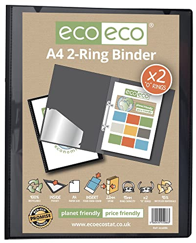 eco-eco A4 95% Recycled Presentation 22mm Spine 2 Ring Binder Black, eco086