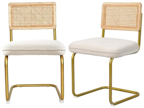 CangLong Rattan Dining Chairs Set of 2, Modern Kitchen Chairs with Natural Mesh Rattan Backrest & Solid Thick Metal Legs, Upholstered Fleece Armless Side Chairs for Living Room, Study, Cream