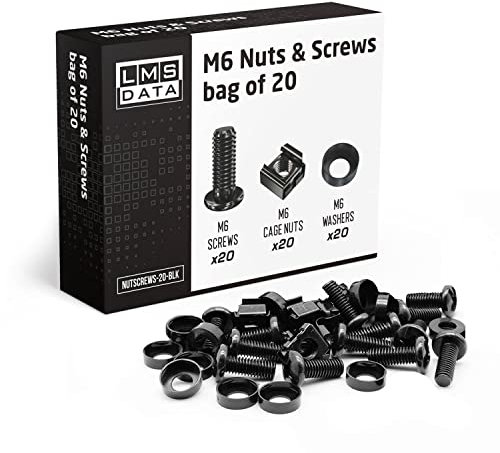 LMS Data M6 Cage Nuts, Bolts and Washers Kit - For Rack Mount Equipment installation on Network cabinets (20 pack, Black)
