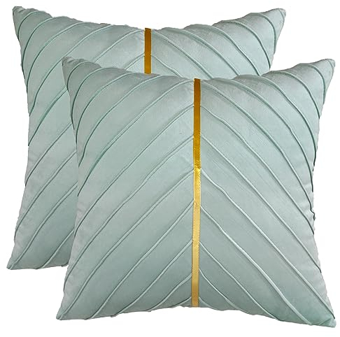 Tosleo 2 Stück Samt Kissenbezüge 45 x 45 cm Dekorative Couch Luxus Moderne Minzgrün Kissenbezüge für Wohnzimmer Schlafzimmer Sofa Kissen Bett mit Gold Leder