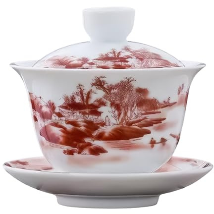 NIUKOMY Gaiwan Tazza da tè in porcellana, Tradizionale Tazza Kung Fu in Ceramica, Cinese Tazza da Tè con Coperchio e Piattino 200ML Pittura Paesaggistica Rossa