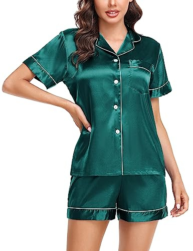 Lovasy Pijama Saten Mujer Manga Corta Botones Conjunto De Pijama Verano Pijama Shorts Set 2 Piezas