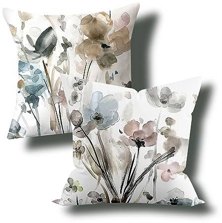 2 Stück Plüsch-Kissenbezüge mit Aquarell-Blumen-Muster, geeignet für Sofas und Erkerfenster (45 x 45 cm)