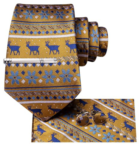 Hi-Tie jul slips set silke röd blå grön XMS slips och klämma pin ficka fyrkantiga manschettknappar set, Champange blå jul, M