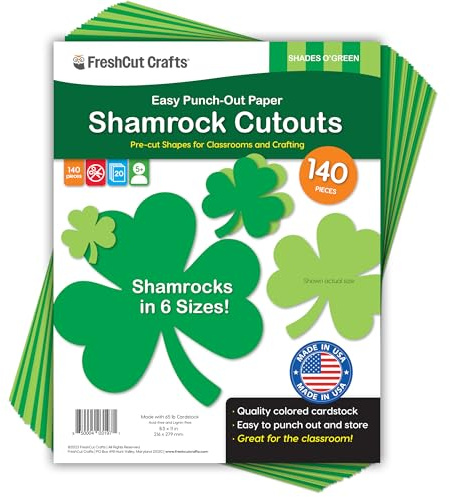 FreshCut Crafts 140 Piece Shamrock Cutouts Set: Pre-Cut Green Irish Clover Shapes for School Supplies, Decorating Themed Events Bulletin Board & St. Patrick's Day Decor, US Made Quality Card Stock