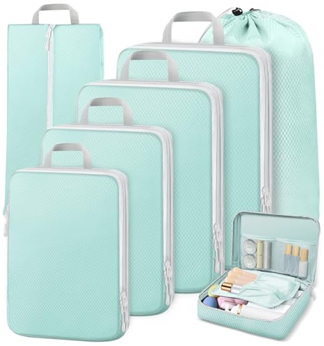 Otauoaea Bolsas Organizadoras Maleta, 7 en 1 Set Organizador Maleta, Organizador Maleta Viaje, Compression Packing Cubes para Ropa, Zapatos, Ropa Interior,Azul
